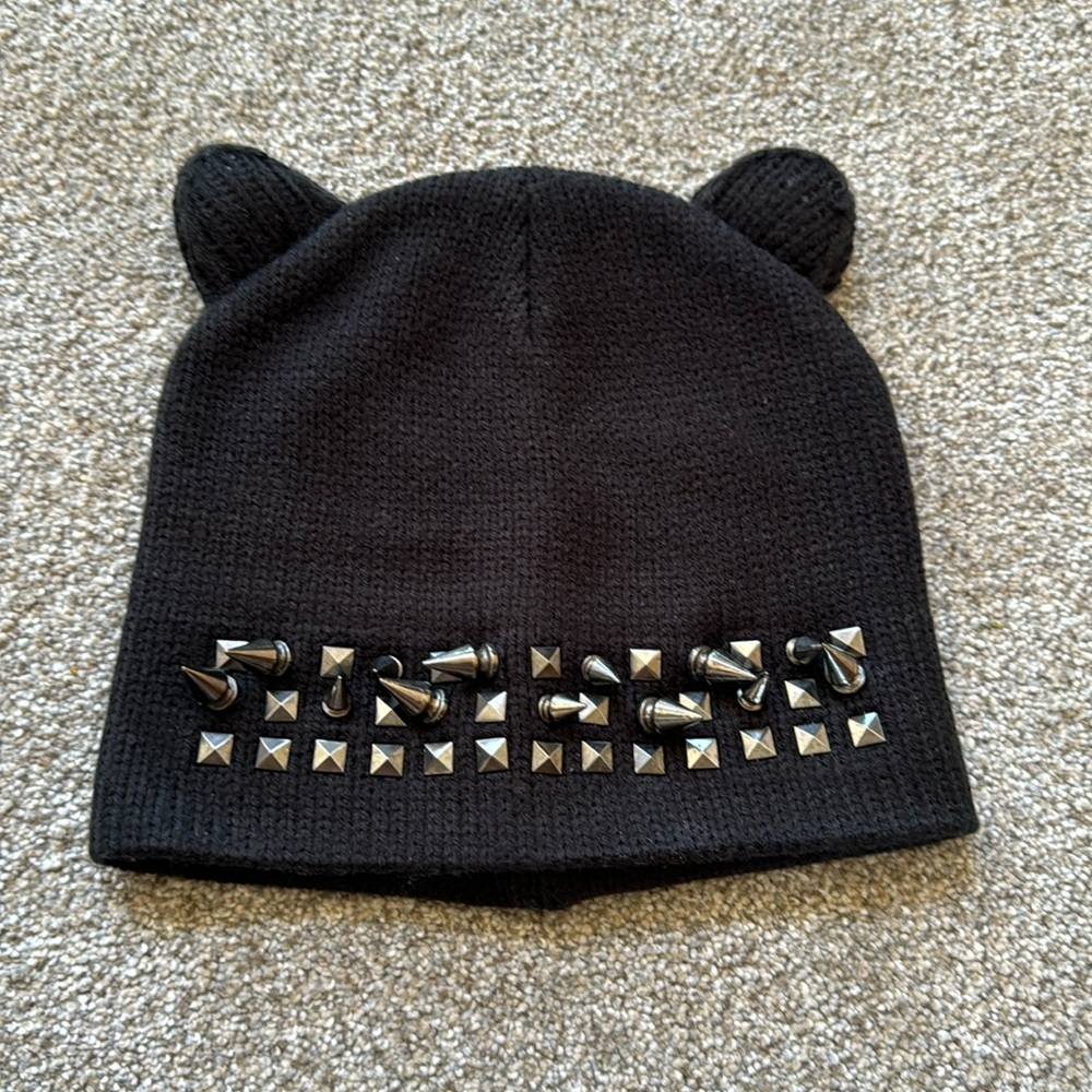 Black Kitty Beanie W Spikes and Studs